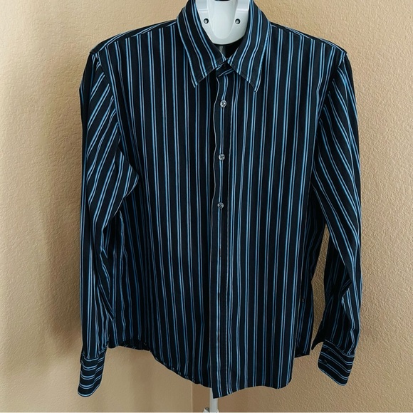Hugo Boss Mens Dress Shirt Slim Fit Vertical Striped Blue Black Classic Size L. - Picture 1 of 6